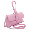 Womens Leather Clutch in soft ballet pink with a unique loop handle and detachable strap.