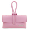 Womens Leather Clutch in soft ballet pink with a stylish knot detail, perfect for any occasion.