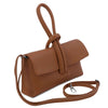 Angled And Shoulder Strap View Of The Cognac Womens Leather Clutch
