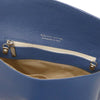 Interior view of a denim Womens Leather Clutch featuring a zip pocket and handmade in Italy.