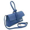 Womens Leather Clutch in denim, featuring a stylish handle and removable strap.