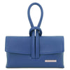 Womens Leather Clutch in denim color with elegant handle design.