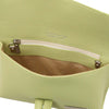 Interior view of Womens Leather Clutch featuring a zippered pocket and soft lining in a lime green color.