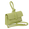 Womens Leather Clutch in lime green with woven handle and detachable strap.