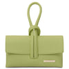 Womens Leather Clutch in vibrant lime green color with unique handle design