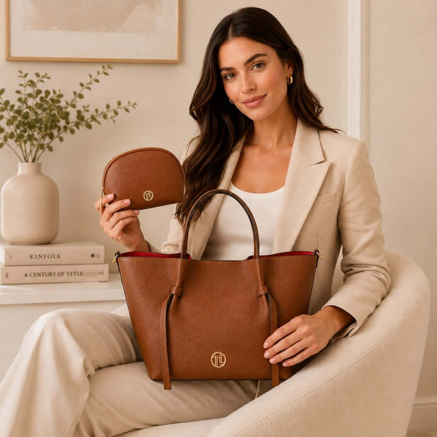 Woman displaying a cognac women’s leather shopping bag and matching toiletry case