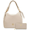 Womens Leather Shopping Bag and Zip Around Wallet Set in beige with braided handle and gold accents.