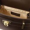 Inside view of coffee Womens Leather Tote Bag featuring cream lining and zip pocket.