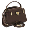 Womens Leather Tote Bag in coffee with gold hardware, featuring a stylish design and spacious compartments.