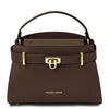 Womens Leather Tote Bag in Coffee featuring a sleek design and gold hardware.