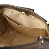 Inside view of dark taupe Womens Leather Tote Bag featuring cream lining and pocket.