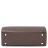 Womens Leather Tote Bag bottom view of the dark taupe showcasing premium box leather and gold stud accents.