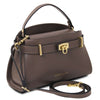 Womens Leather Tote Bag in dark taupe  with gold hardware, featuring a stylish design and spacious compartments.
