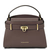 Womens Leather Tote Bag in Dark Taupe featuring a sleek design and gold hardware.