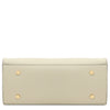 Womens Leather Shopper Bag in pebbled beige leather with gold accents and a semi-rigid structure.