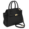 Womens Leather Shopper Bag in black pebbled leather with gold accents and detachable shoulder strap.