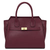 Womens Leather Shopper Bag in bordeaux pebbled leather with a semi-rigid structure and gold clasp.