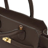 Close-up of the Womens Leather Shopper Bag in chocolate showcasing luxurious pebbled leather and elegant handles and shoulder strap connection