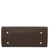 Underneath View Of The Womens Leather Shopper Bag in rich chocolate pebbled leather with gold accents, showcasing a sleek design.