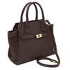 Womens Leather Shopper Bag in rich chocolate pebbled leather with dual handles and removable strap.