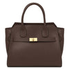 Womens Leather Shopper Bag in chocolate pebbled leather with a semi-rigid structure and gold clasp.