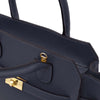 Close-up of the Womens Leather Shopper Bag in dark blue showcasing luxurious pebbled leather and elegant handles and shoulder strap connection
