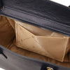 Inside view of the dark blue Womens Leather Shopper Bag showcasing spacious compartment and inner organizer.
