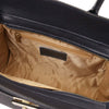 Womens Leather Shopper Bag interior view of dark blue showing spacious compartment and zip pocket .
