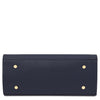 Underneath View Of The Womens Leather Shopper Bag in rich dark blue pebbled leather with gold accents, showcasing a sleek design.