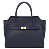 Womens Leather Shopper Bag in dark blue pebbled leather with a semi-rigid structure and gold clasp.