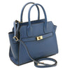 Stylish Womens Leather Shopper Bag in denim color with elegant design and detachable shoulder strap.