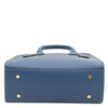 Womens Leather Shopper Bag showing the bottom view in luxurious denim pebbled leather with gold studs.