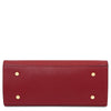 Womens Leather Shopper Bag in rich red pebbled leather with gold accents, showcasing a sleek design.