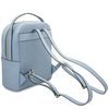 Woven Leather Backpack in soft blue with decorative woven texture and adjustable straps.