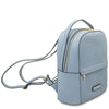 Woven Leather Backpack in soft blue, featuring a textured design and spacious compartments for everyday use.