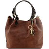 Front View Of The Cinnamon Woven Leather Bag