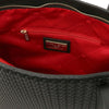 Interior view of Woven Leather Shopping Bag showing red lining and zipper pocket, featuring Woven Leather Shoulder Bag design.