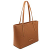Dedalo Woven Leather Shopping Bag in cognac color with woven design and long straps for stylish carrying.