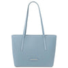Woven Leather Shopping Bag in light blue color, featuring a stylish woven design and spacious tote handles.