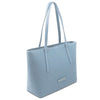 Woven Leather Shopping Bag in light blue with long straps, ideal for everyday use and stylish accessorizing.