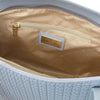 Interior view of Woven Leather Shopping Bag showcasing zipper pocket and logo detail.