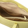 Interior view of Woven Leather Shopping Bag with organized compartments and zipper pocket.