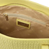 Inside view of Woven Leather Shopping Bag featuring zip pocket and elegant lining.