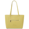 Woven Leather Shopping Bag in pastel yellow, featuring a woven design and zippered pocket.