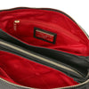 Interior view of the Woven Leather Shoulder Bag showcasing its multiple compartments and elegant red lining.