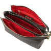 Interior view of the Woven Leather Shoulder Bag showcasing three compartments with red lining.