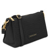 Elegant Woven Leather Shoulder Bag in black with gold accents.
