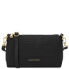 Woven Leather Shoulder Bag in black with gold accents and a woven texture, perfect for everyday use.