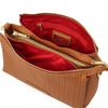 Interior view of Woven Leather Shoulder Bag showing red lining and multiple compartments.