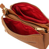 Interior view of the Woven Leather Shoulder Bag featuring three compartments and a vibrant red lining.